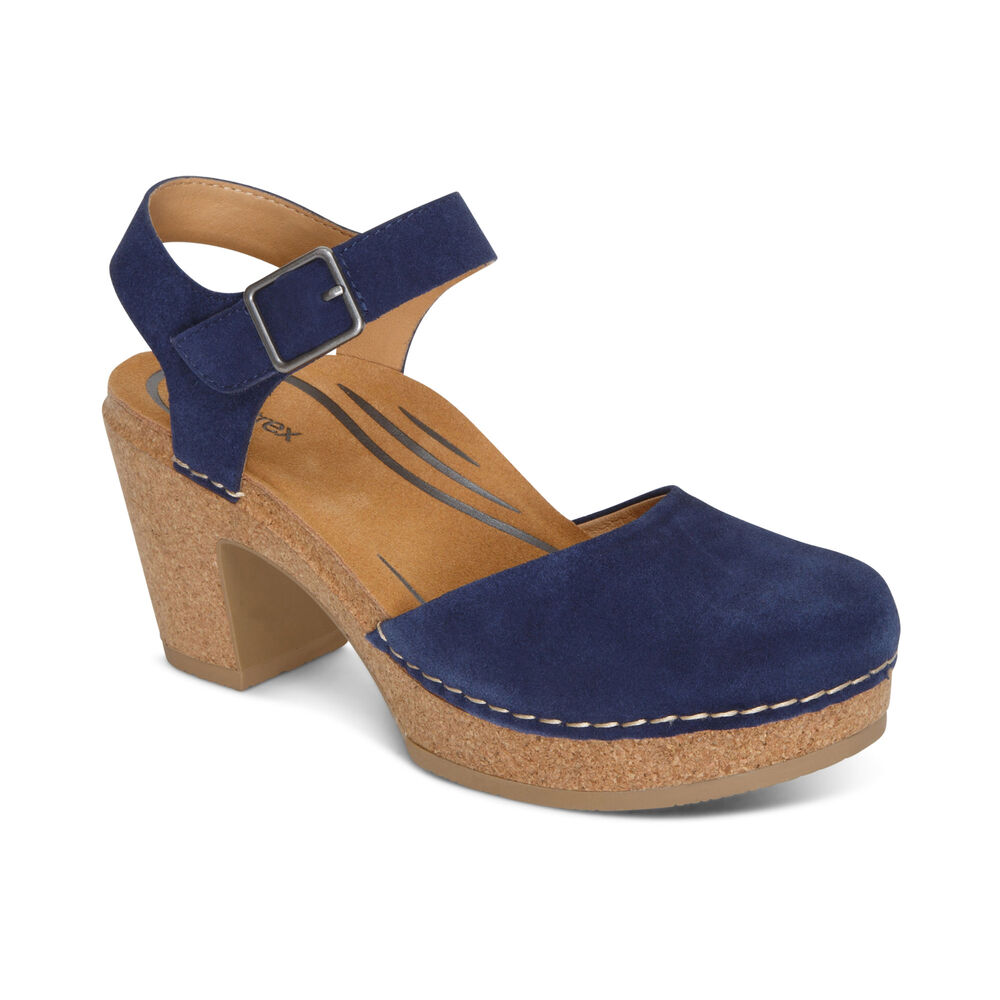 Aetrex Women's Finley Closed Toe Heel Wedge Sandals - Navy | USA K8MFDCM